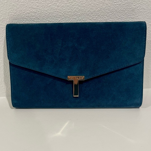 NEW-Navy Suede Ted Baker Clutch Cross Body Bag with Gold